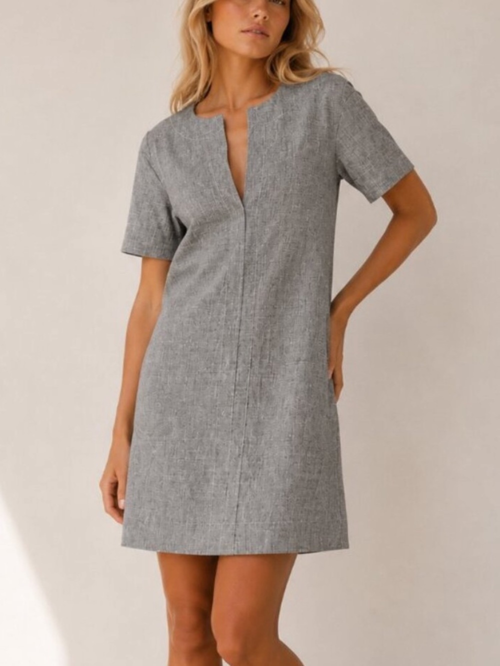 Theory Sharkskin Short-Sleeve Linen Shift Mini Dress Size Small 8557